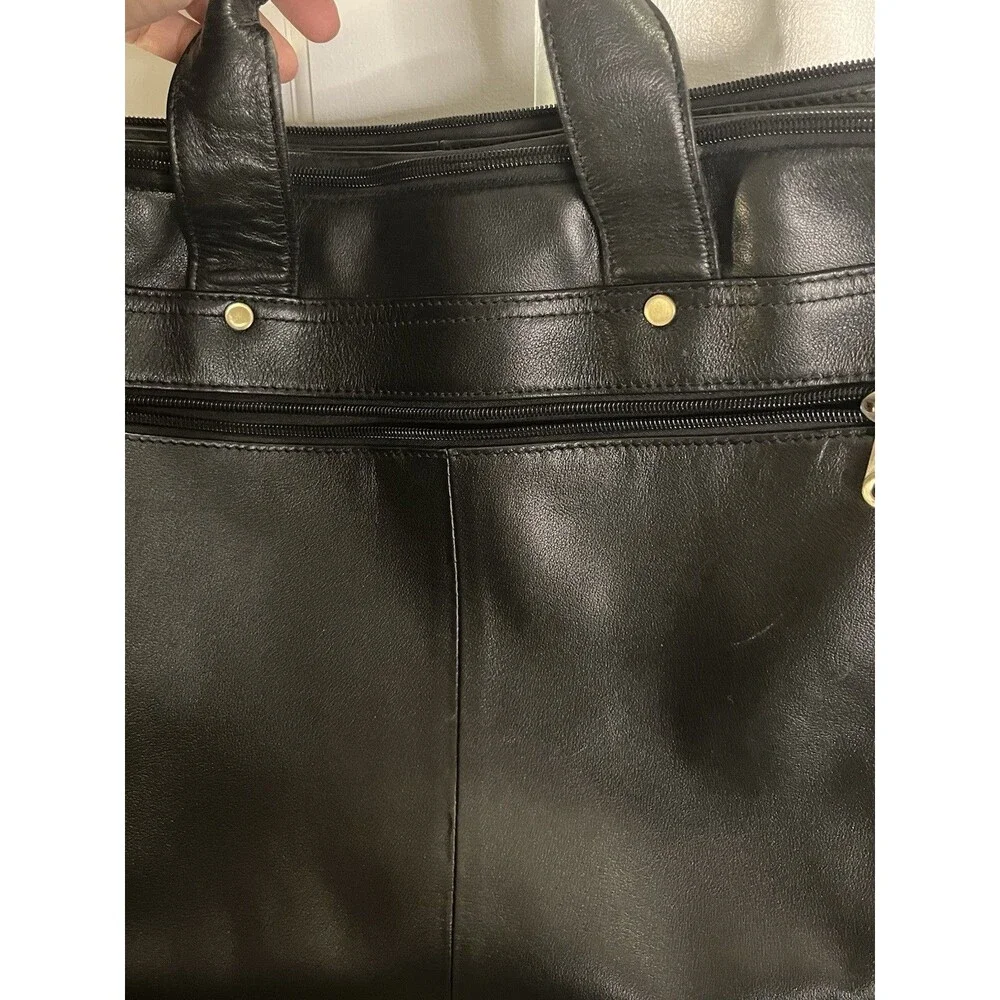 Black Leather Messenger/Laptop Bag With Pockets And Brass Hardware